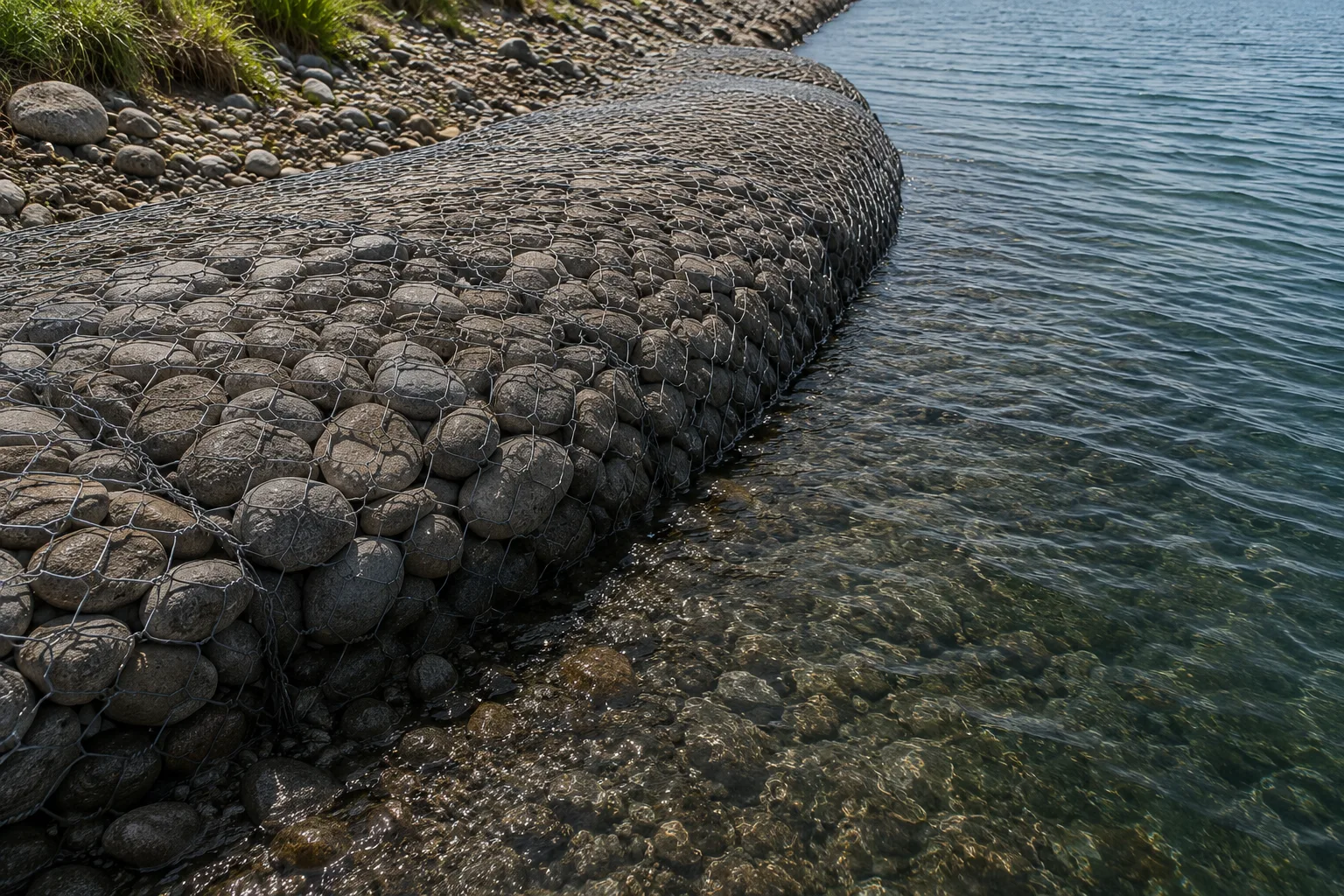 Amorphous gabion installation on riverbank