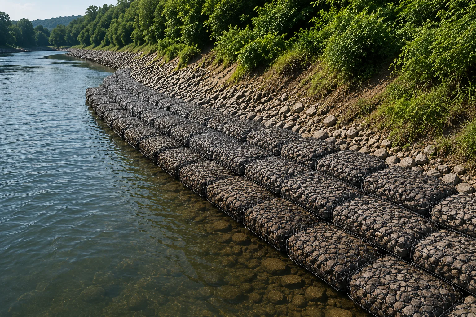 Riverbank stabilization with amorphous gabions